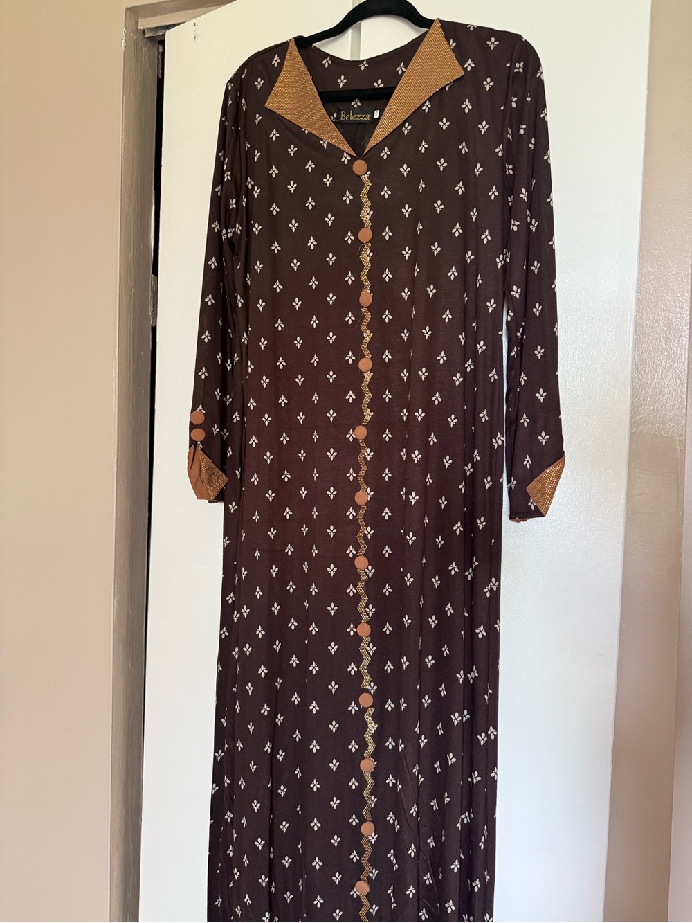 Brown Long Sleeve Printed Maxi Dress with Contrast Trim